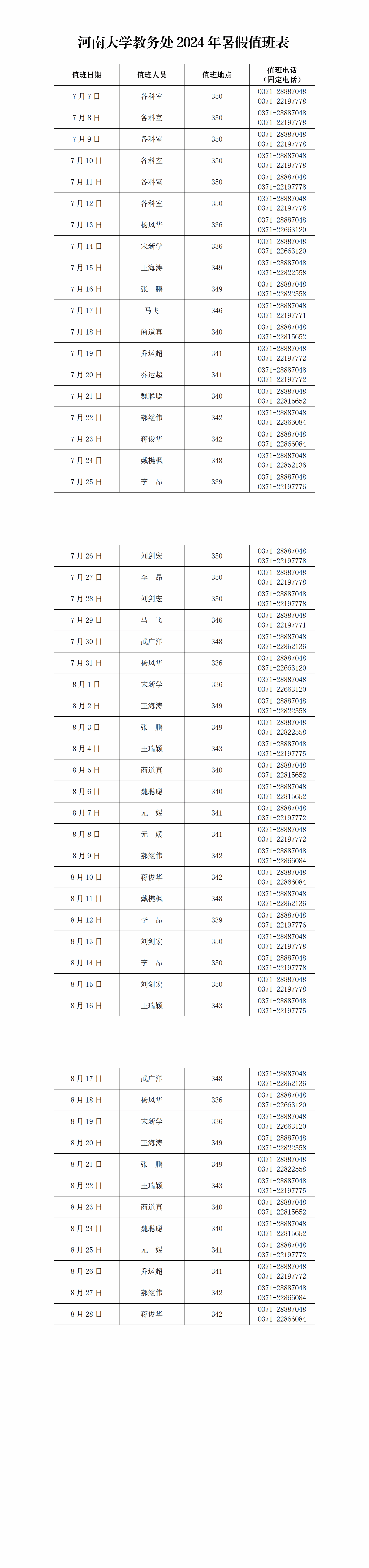 河南大学教务处2024年暑假值班表